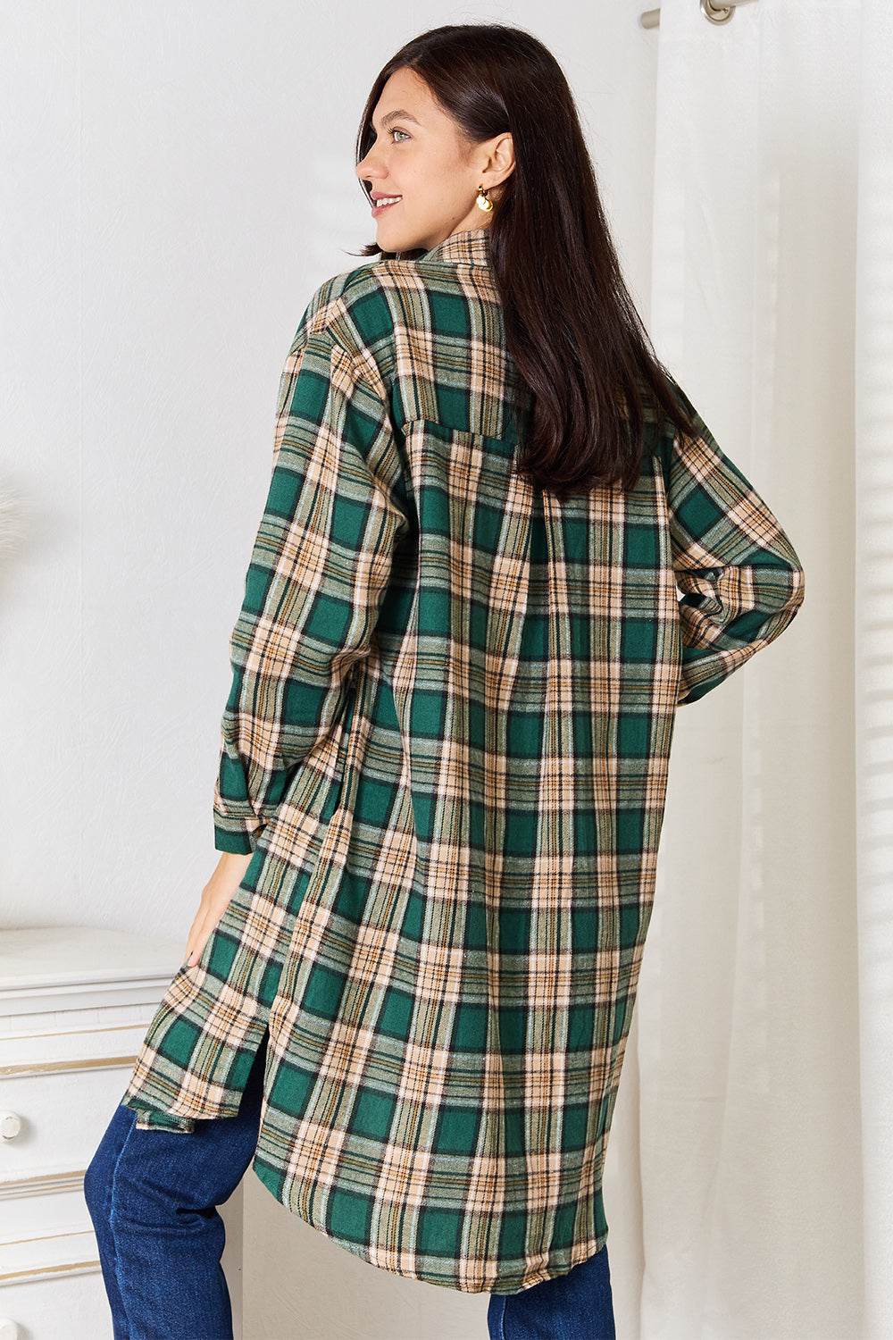 Mandy Plaid Collared Neck Long Sleeve Shirt - DaTrendStore.Com