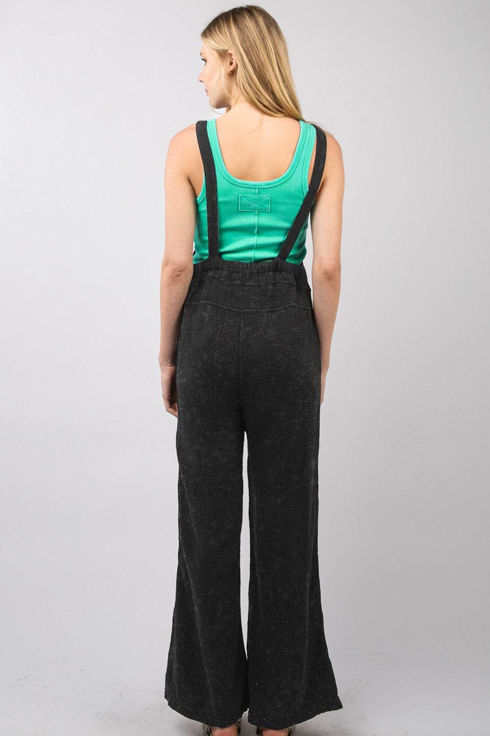 VERY J Texture Washed Wide Leg Overalls - DaTrendStore.Com