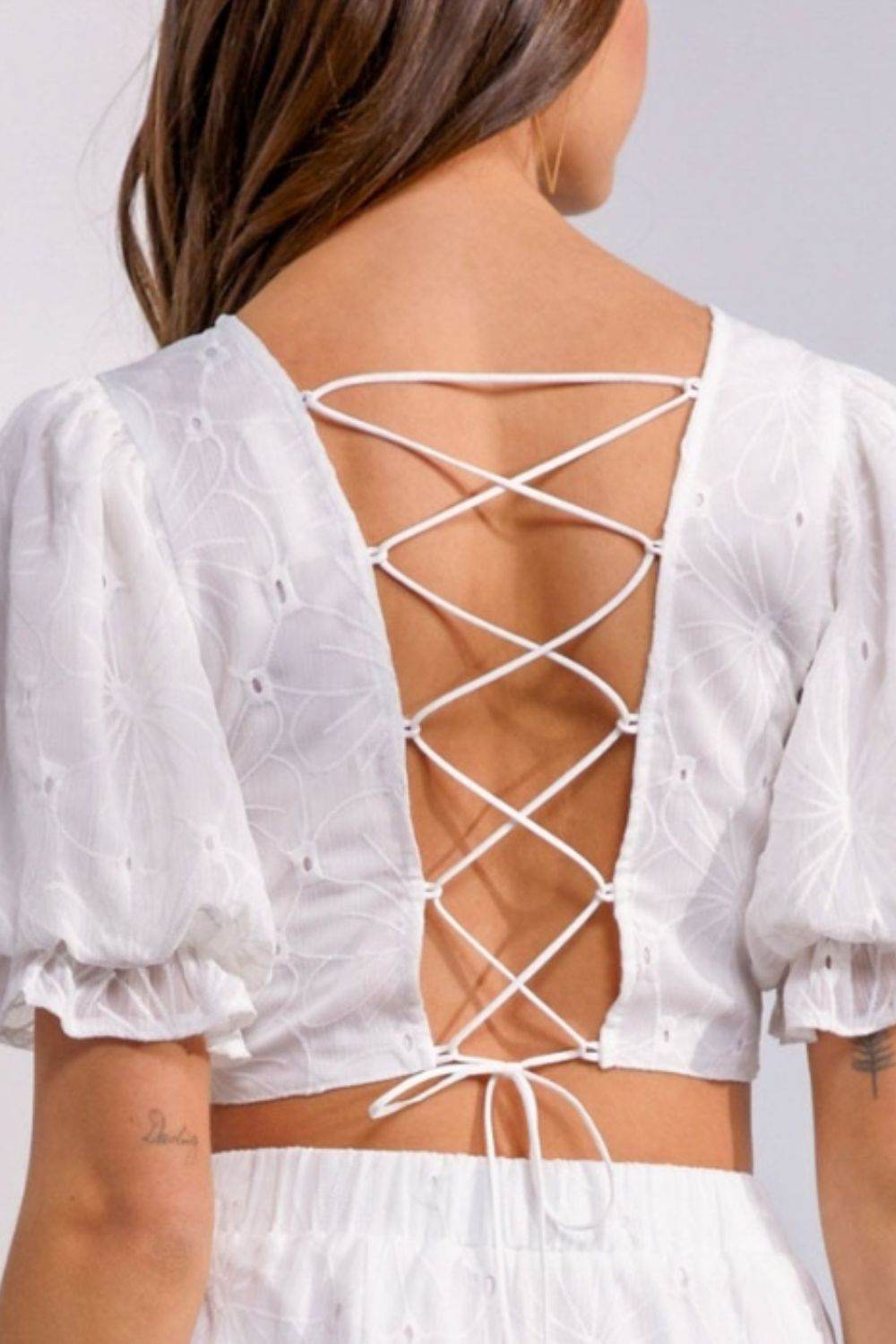 Mustard Seed Floral Embroidered Back Lace Up Crop Top - DaTrendStore.Com