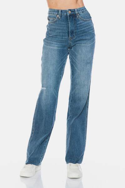 Judy Blue Full Size Tummy Control Cut Raw Hem Straight Jeans - DaTrendStore.Com