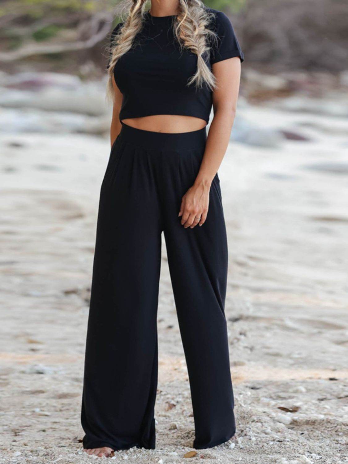 Round Neck Short Sleeve Top and Pocketed Pants Set - DaTrendStore.Com