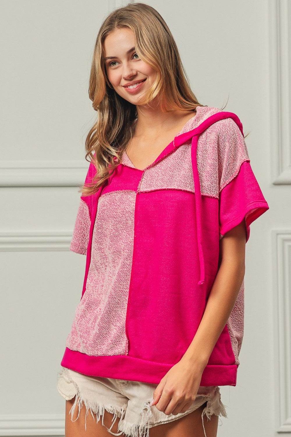 BiBi Color Block Exposed Seam Short Sleeve Hooded Top - DaTrendStore.Com