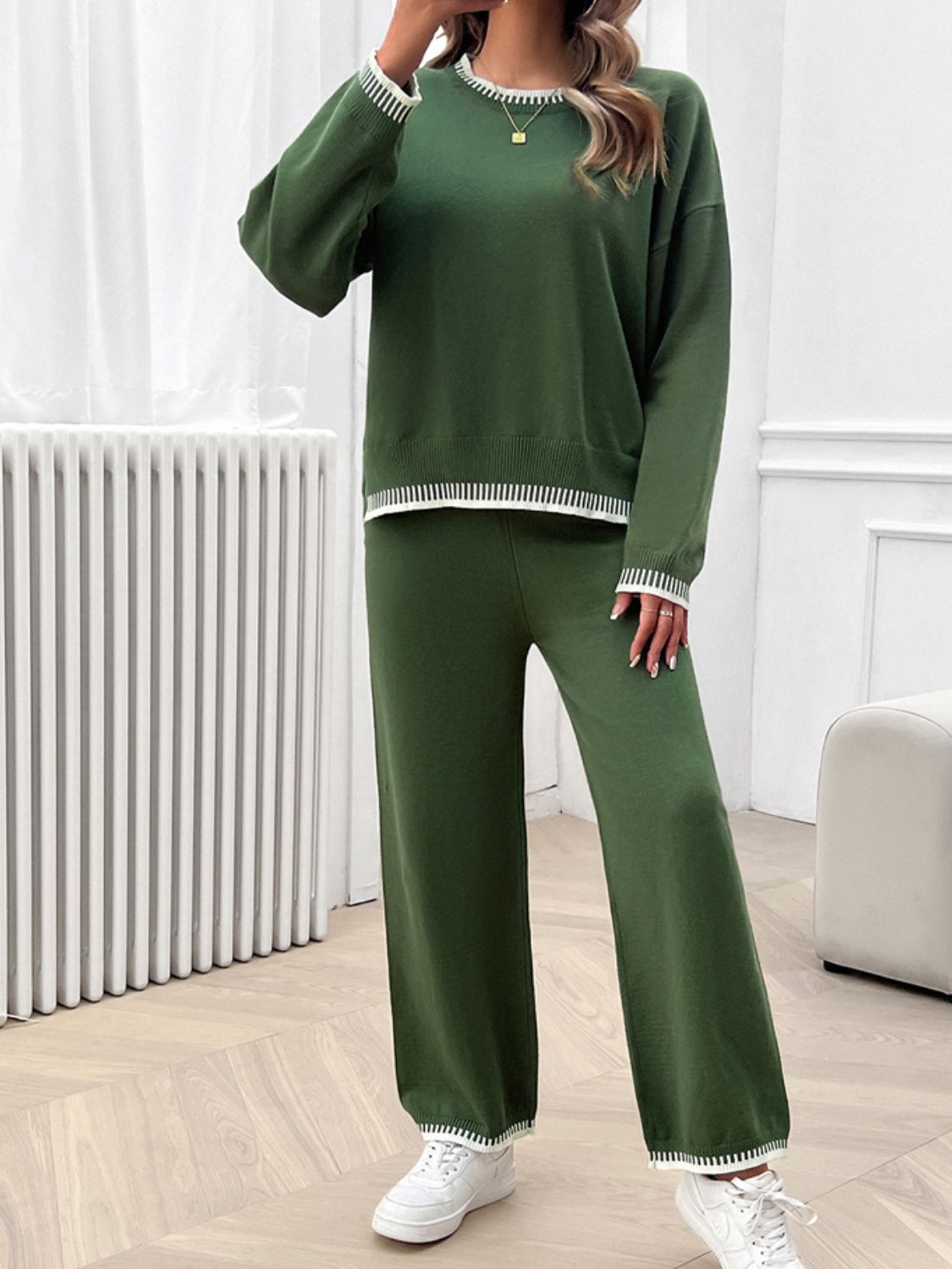 Devine Round Neck Dropped Shoulder Top and Pants Sweater Set