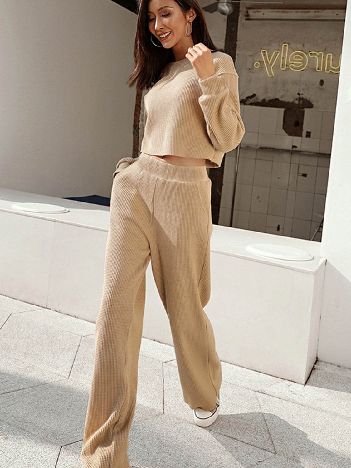 Waffle-Knit Round Neck Top and Pants Set - DaTrendStore.Com