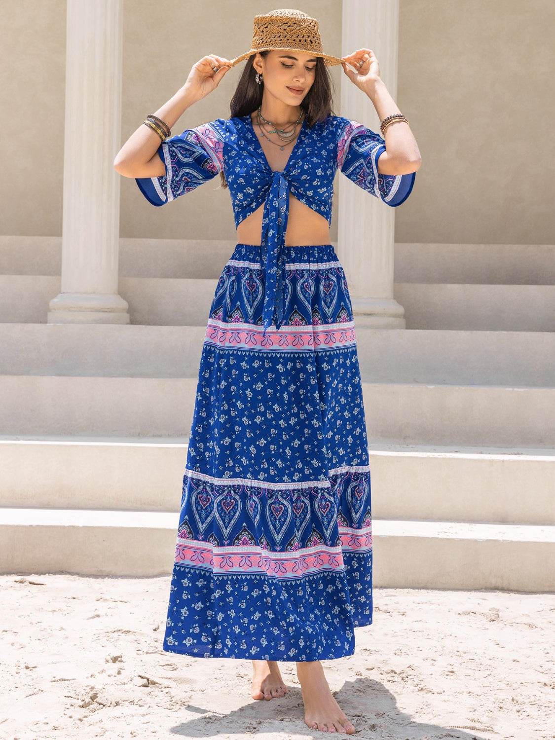 Printed Flutter Sleeve Top and Skirt Set - DaTrendStore.Com