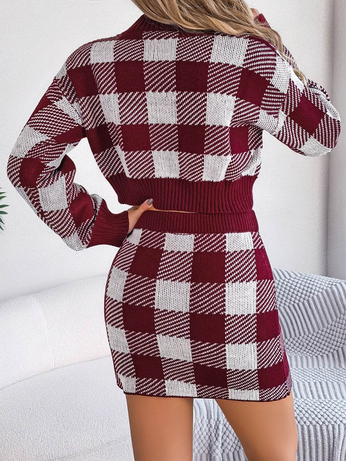 Plaid Round Neck Top and Skirt Sweater Set - DaTrendStore.Com