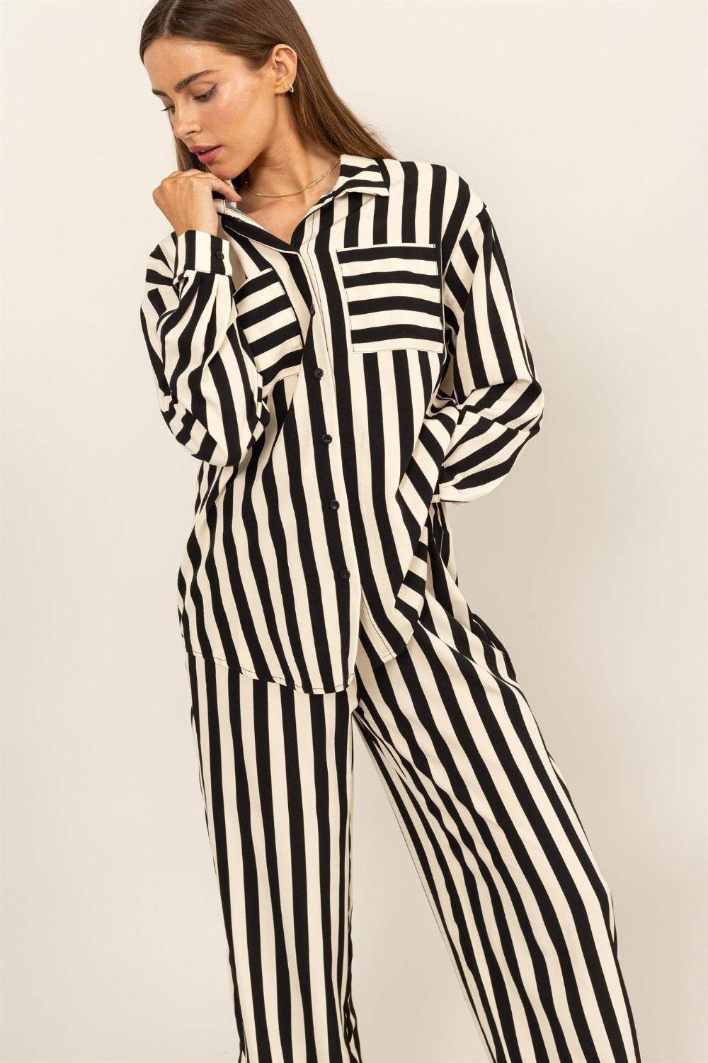 HYFVE Striped Button Up Shirt and Pants Set - DaTrendStore.Com