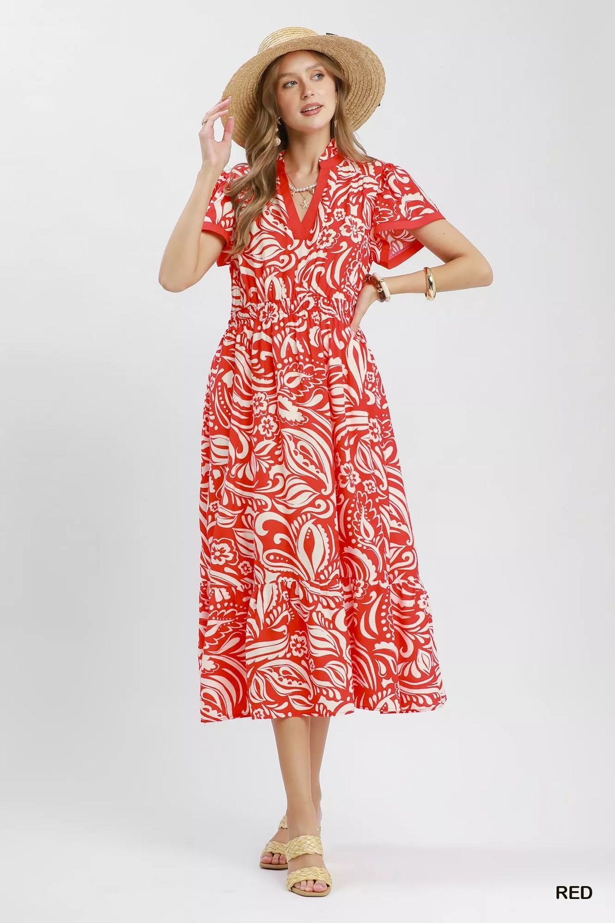 Umgee Paisley Print Midi Dress with Side Pockets - Red