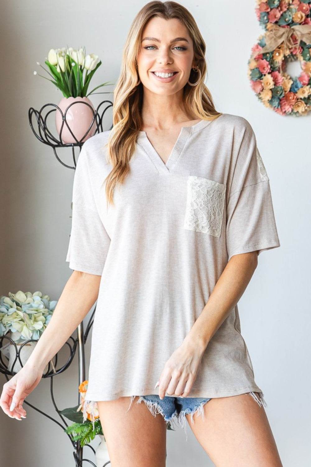 Heimish Full Size Lace Front Pocket Drop Shoulder Top - DaTrendStore.Com