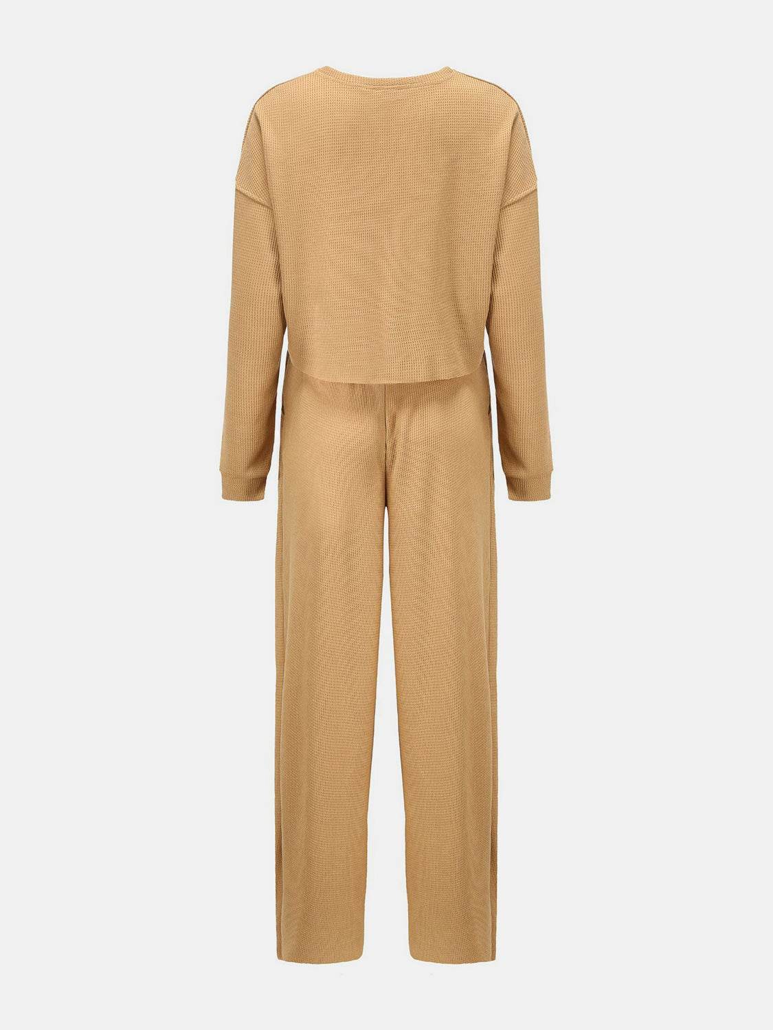 Waffle-Knit Round Neck Top and Pants Set - DaTrendStore.Com