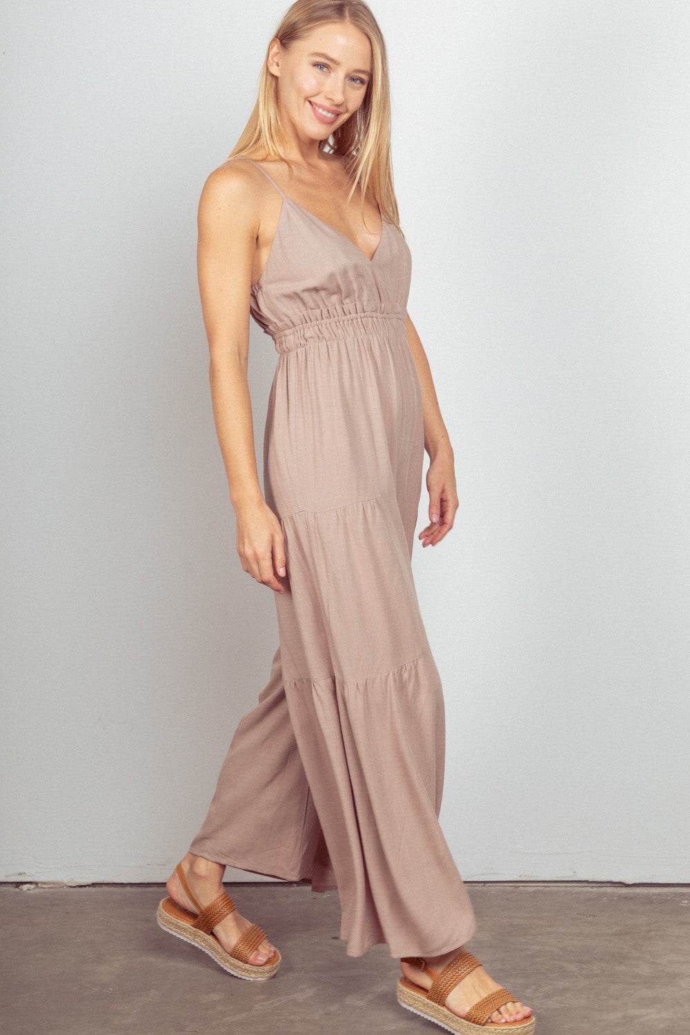 VERY J Sleeveless Ruched Wide Leg Jumpsuit - DaTrendStore.Com