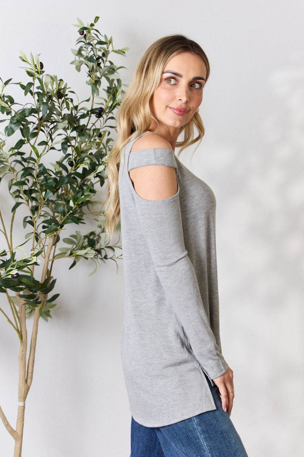 Hailey & Co Cutout Cold Shoulder Long Sleeve Top - DaTrendStore.Com