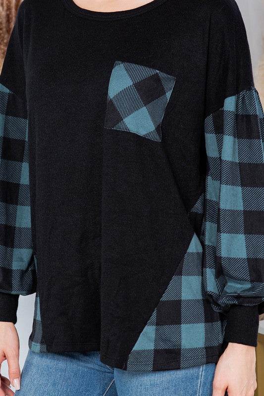 Plaid Contrast Bell Sleeve Sweater Knit - DaTrendStore.Com