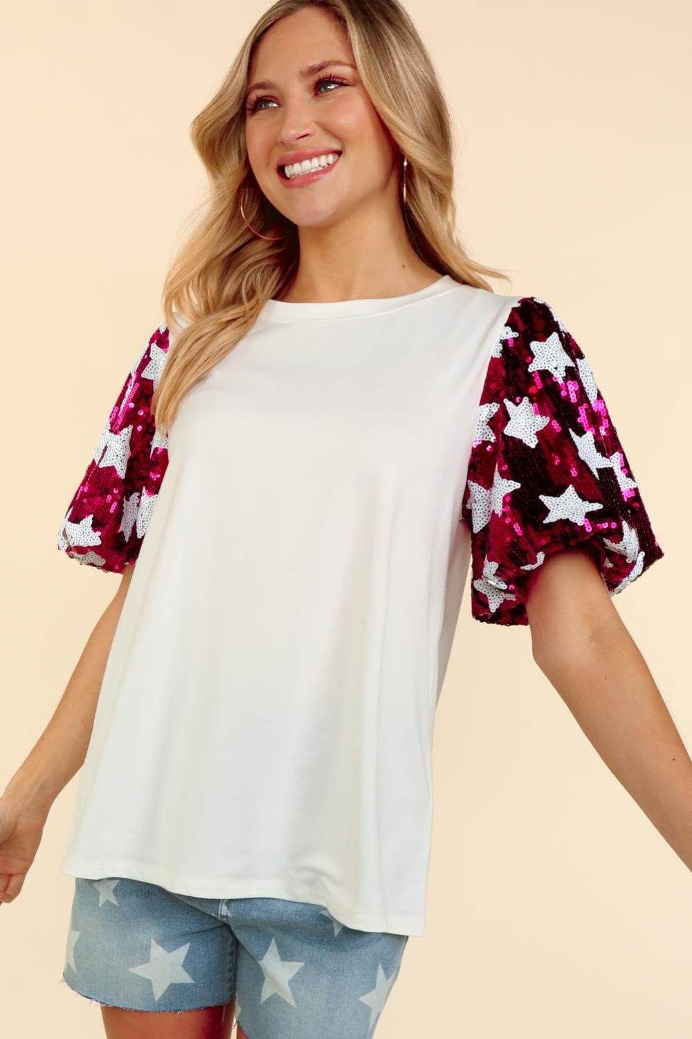 Haptics Star Sequin Bubble Short Sleeve Top - DaTrendStore.Com