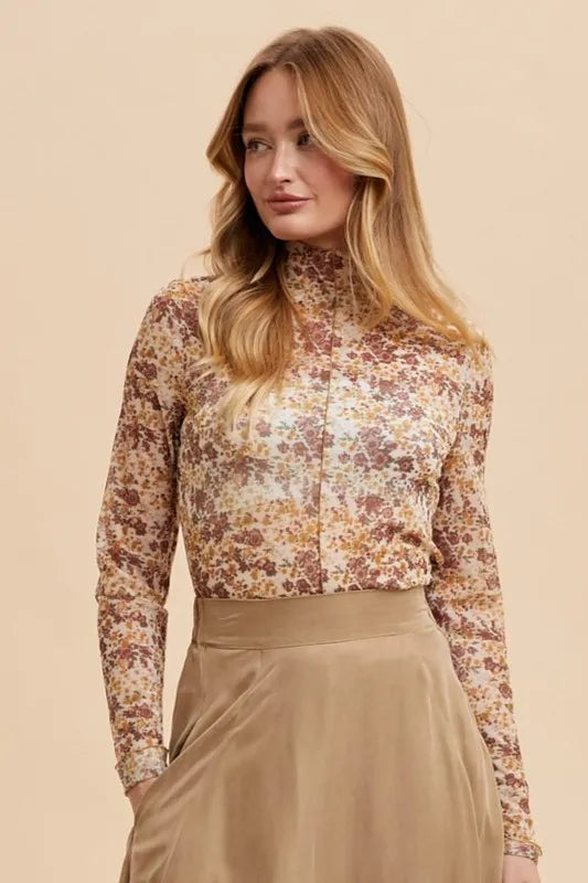 Annie Wear Ivory/Gold Floral Mesh Top