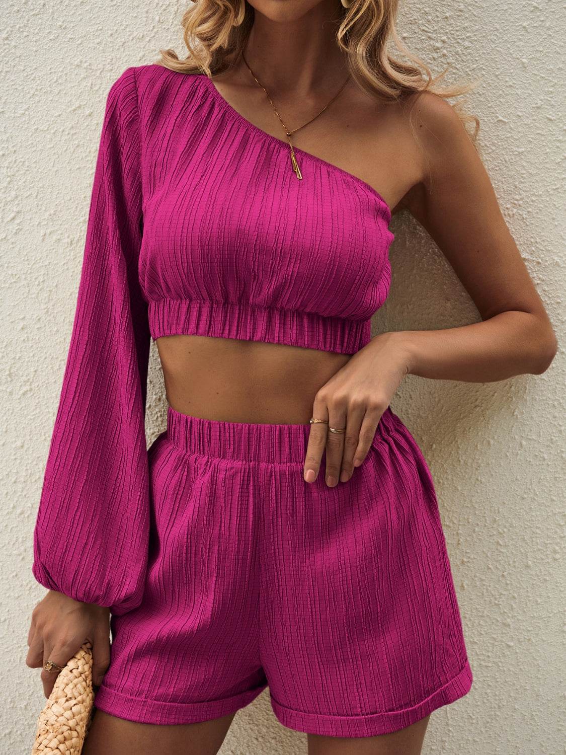 Honey One Shoulder Long Sleeve Top and Shorts Set - DaTrendStore.Com