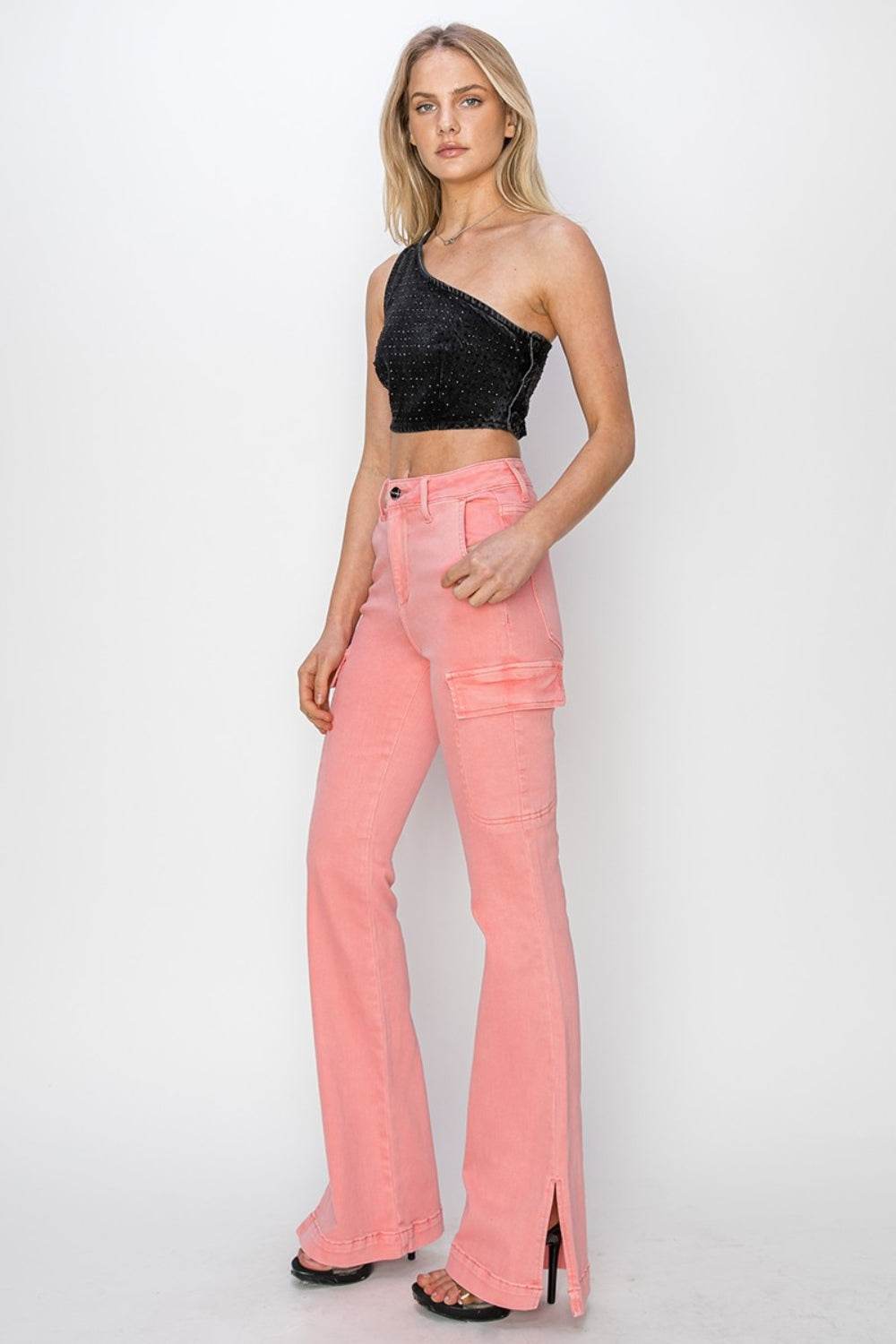 RISEN Full Size High Rise Side Slit Cargo Bootcut Jeans - DaTrendStore.Com