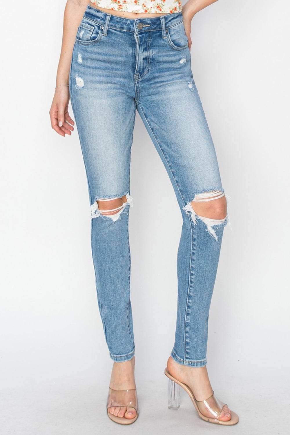 Risen Full Size High Rise Knee Distressed Skinny Jeans - DaTrendStore.Com