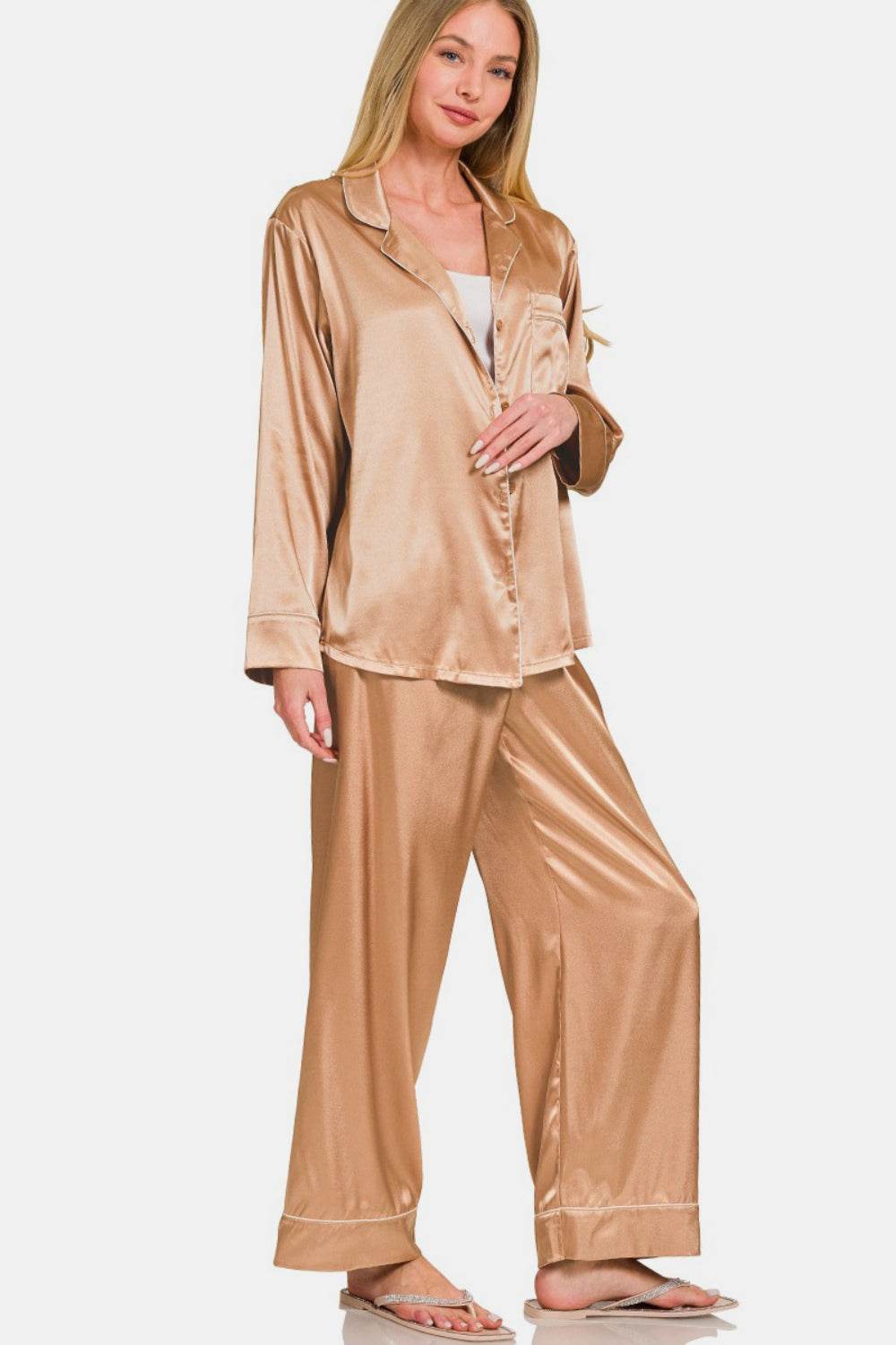 Zenana Satin Long Sleeve Shirt and Pants Pajama Set - DaTrendStore.Com